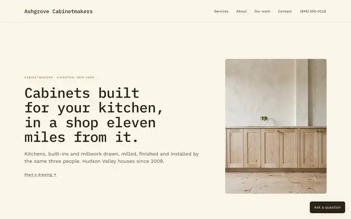 The Ashgrove Cabinetmakers homepage, a carpentry site in the bone palette set in ibm plex mono