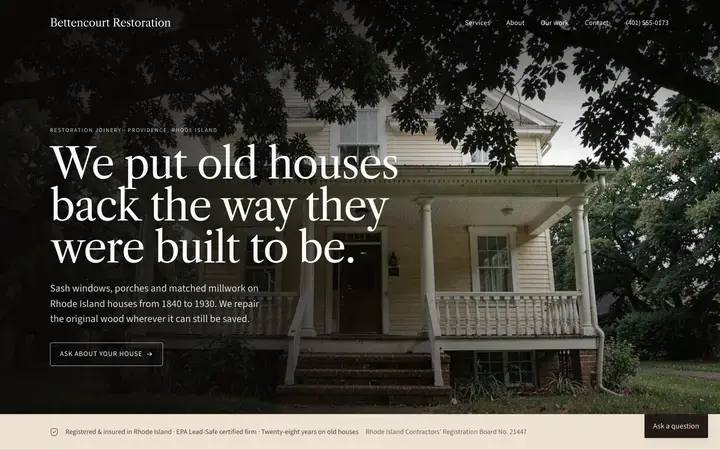 The Bettencourt Restoration homepage, a carpentry site in the clay palette set in libre caslon text