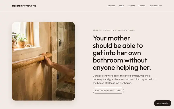 The Halloran Homeworks homepage, a carpentry site in the rust palette set in outfit