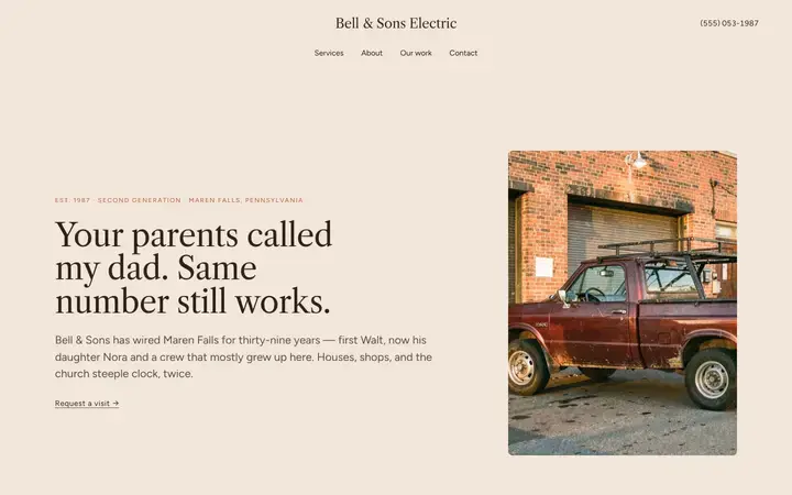 The Bell homepage, a electrical site in the clay palette set in Libre Caslon Text