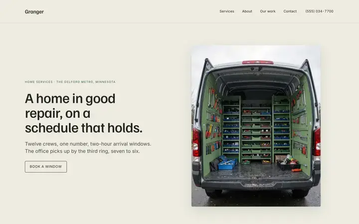 The Granger homepage, a handyman site in the slate palette set in familjen grotesk