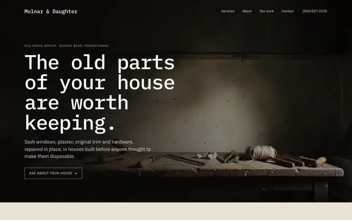 The Molnar homepage, a handyman site in the umber palette set in ibm plex mono