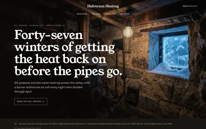 The Halverson Heating homepage, a heating and cooling site in the umber palette set in young serif