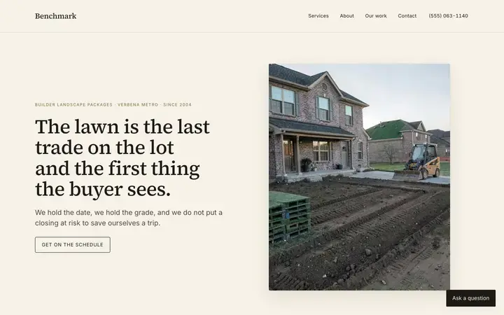 The Benchmark Grade & Sod Co. homepage, a landscaping site in the bone palette set in source serif 4