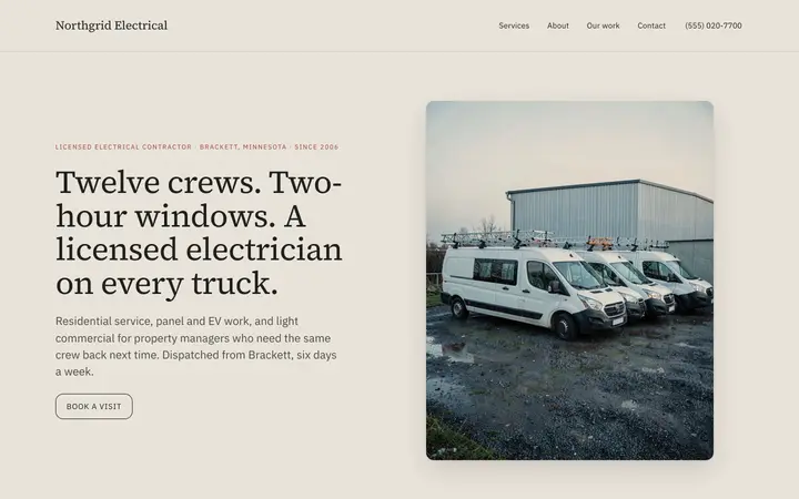 The Northgrid Electrical homepage: a cool grey page beside a photograph of five white service vans parked on a wet gravel yard, headline reading "Twelve crews. Two-hour windows. A licensed electrician on every truck."