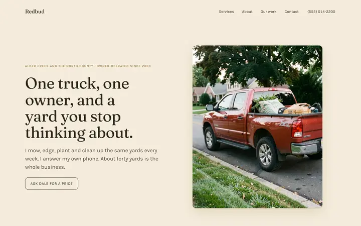 The Redbud homepage: a warm cream page beside a photograph of a red pickup loaded with cut greenery parked at a suburban kerb, headline reading "One truck, one owner, and a yard you stop thinking about."