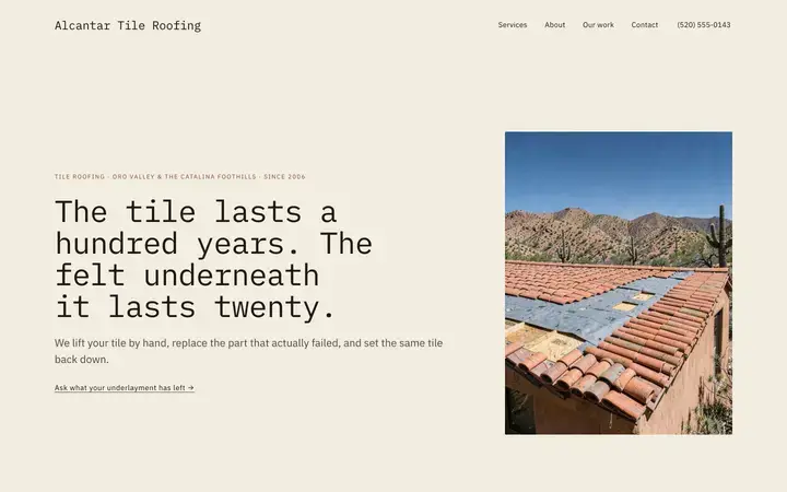The Alcantar Tile Roofing homepage, a roofing site in the sand palette set in ibm plex mono