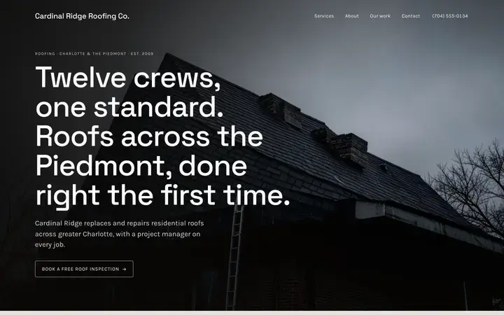 The Cardinal Ridge homepage, a roofing site in the stone palette set in space grotesk