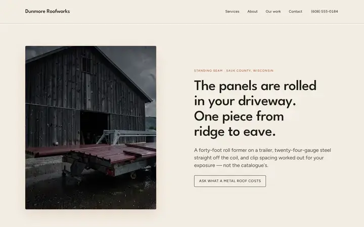 The Dunmore Roofworks homepage, a roofing site in the clay palette set in league spartan