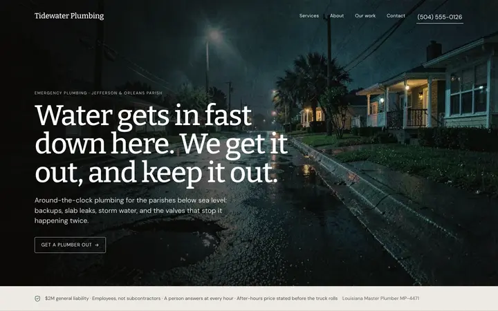 The Tidewater Plumbing homepage: a near-black page over a photograph of a flooded street at night, headline reading "Water gets in fast down here. We get it out, and keep it out."